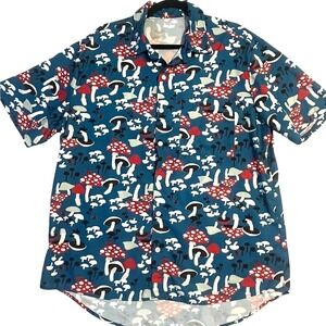 Mushroom Print Button Down Shirt Men's 2XL | Novelty Graphic Short Sleeve Blue